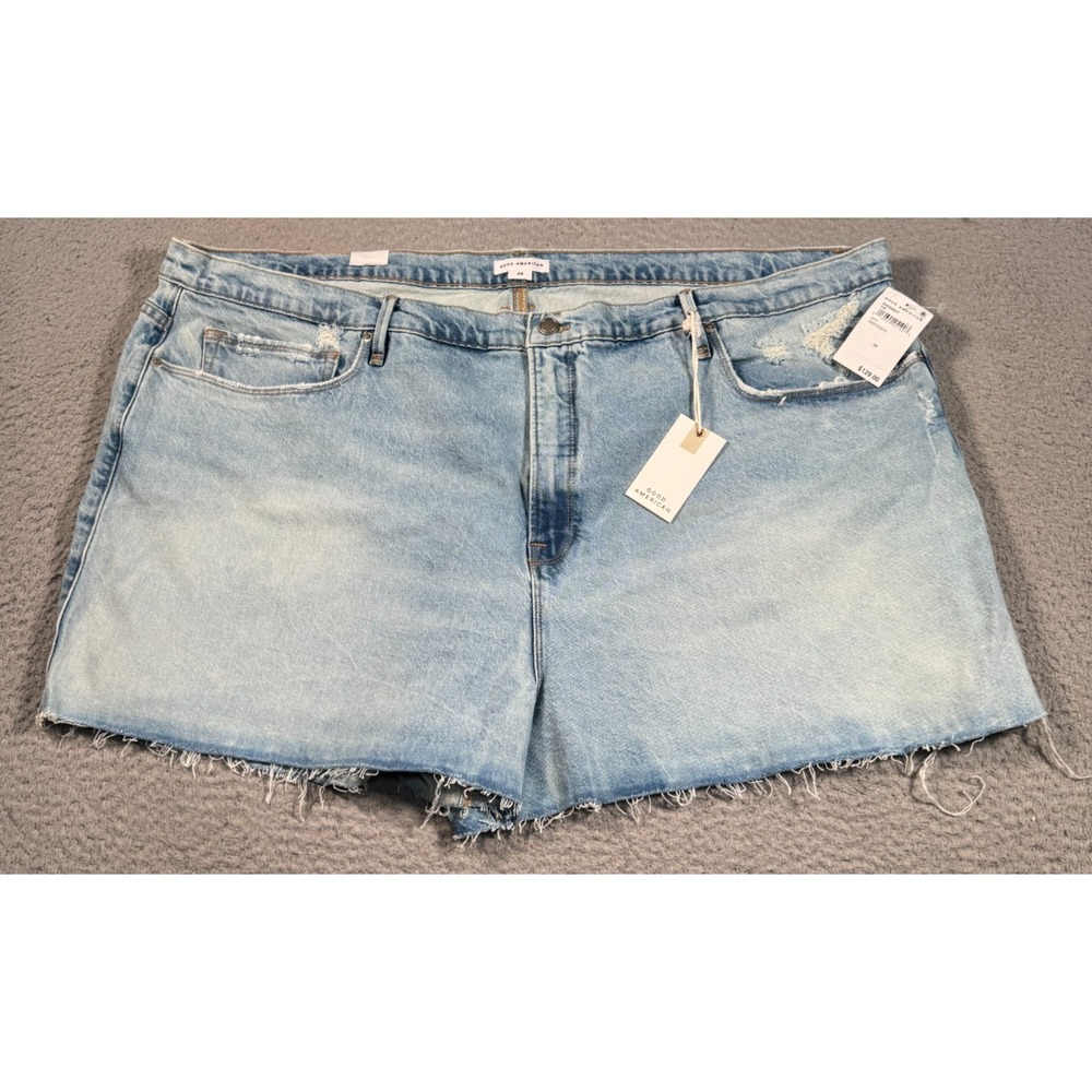 Good American Shorts Women's 24 Blue Cotton Denim Cut-Off 90s Raw Hem Stretch